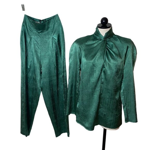 Jeanne Marc Vintage Womens Top & Pants Set Size XS Green Satin Fabric Polyester - Picture 11 of 12